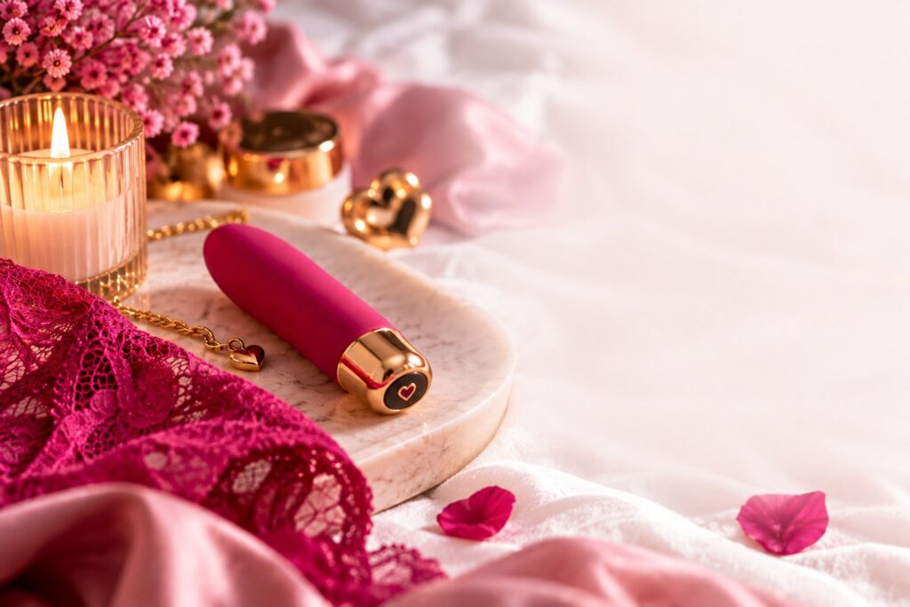 Roze compacte vibrator op een marmeren plateau met bloemen en roze stoffen